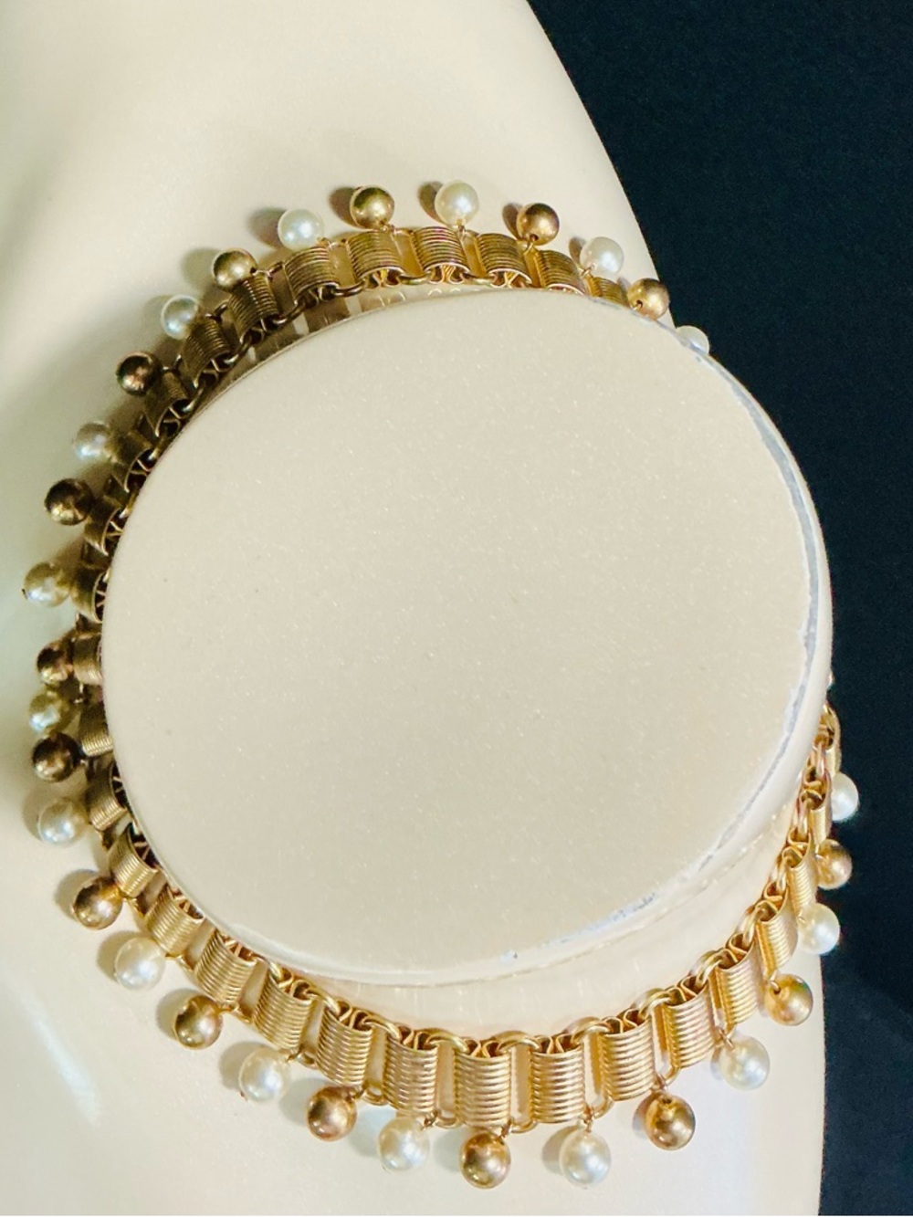 VTG QVC Gold & Pearl Fringe Choker Necklace Casual Cocktail Bib Collar Lightwe - Picture 5 of 14